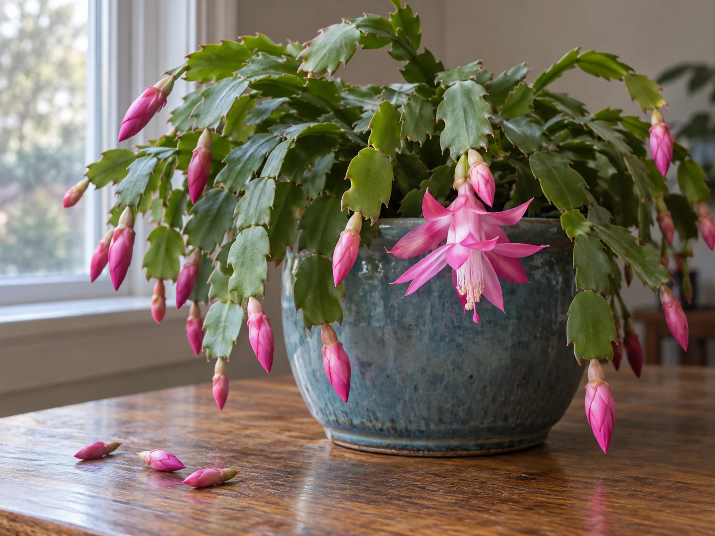 Holiday cactus with pink buds and an open flower in a blue pot, with three fallen unopened buds on the wooden table.