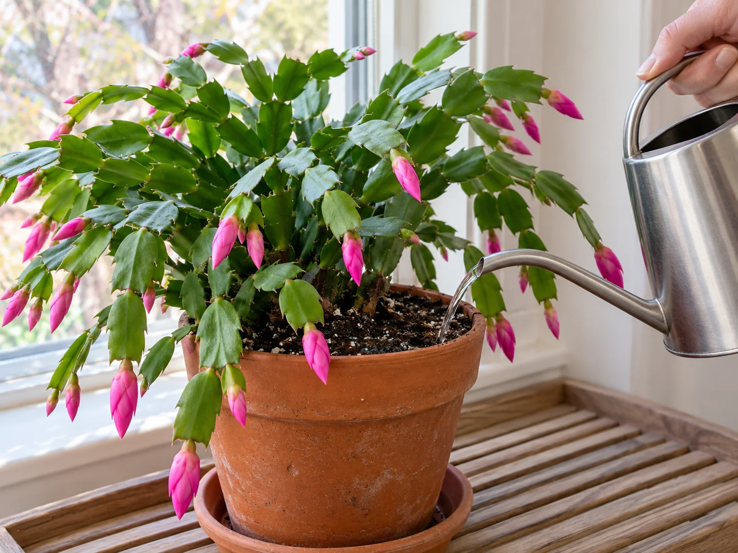 Water directed onto the potting mix of a pink-budded holiday cactus in a terracotta pot; excess water must drain away after watering.