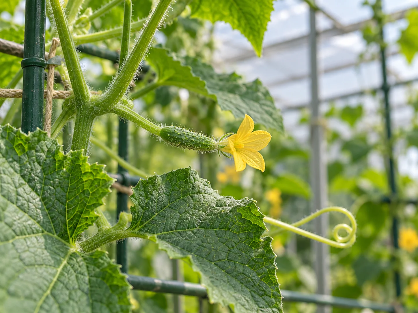 Small yellow female cucumber flower at the tip of a very young green ovary on a trellised vine