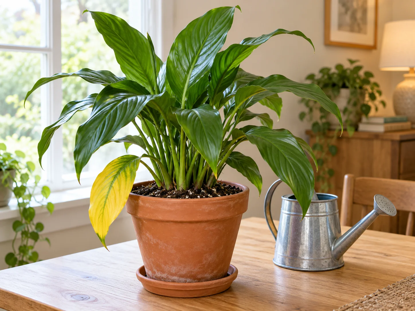 Potted peace lily with green foliage and one yellow lower leaf beside a small watering can