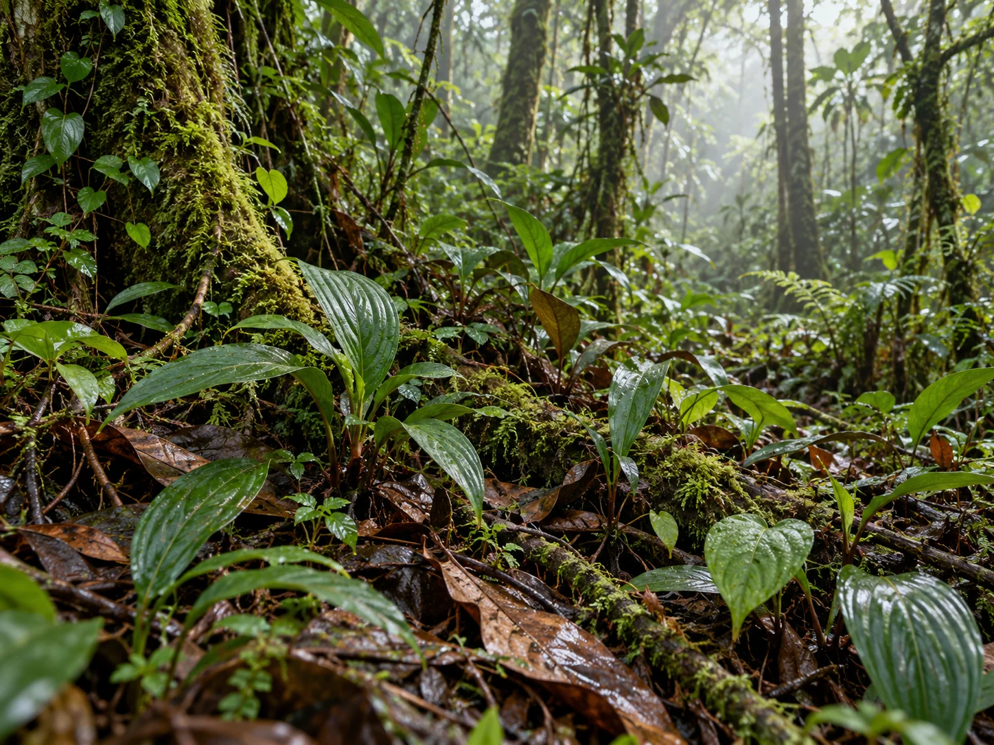 Forest-floor vegetation and leaf litter; an illustration accompanying news of a terrestrial orchid species.