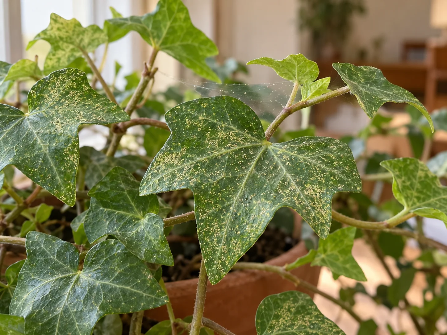 Potted ivy with pale stippling on several leaves and fine webbing between leaf stalks.