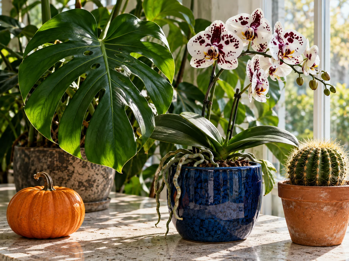 A split monstera leaf, spotted moth orchid flowers and a small ribbed cactus arranged beside a pumpkin