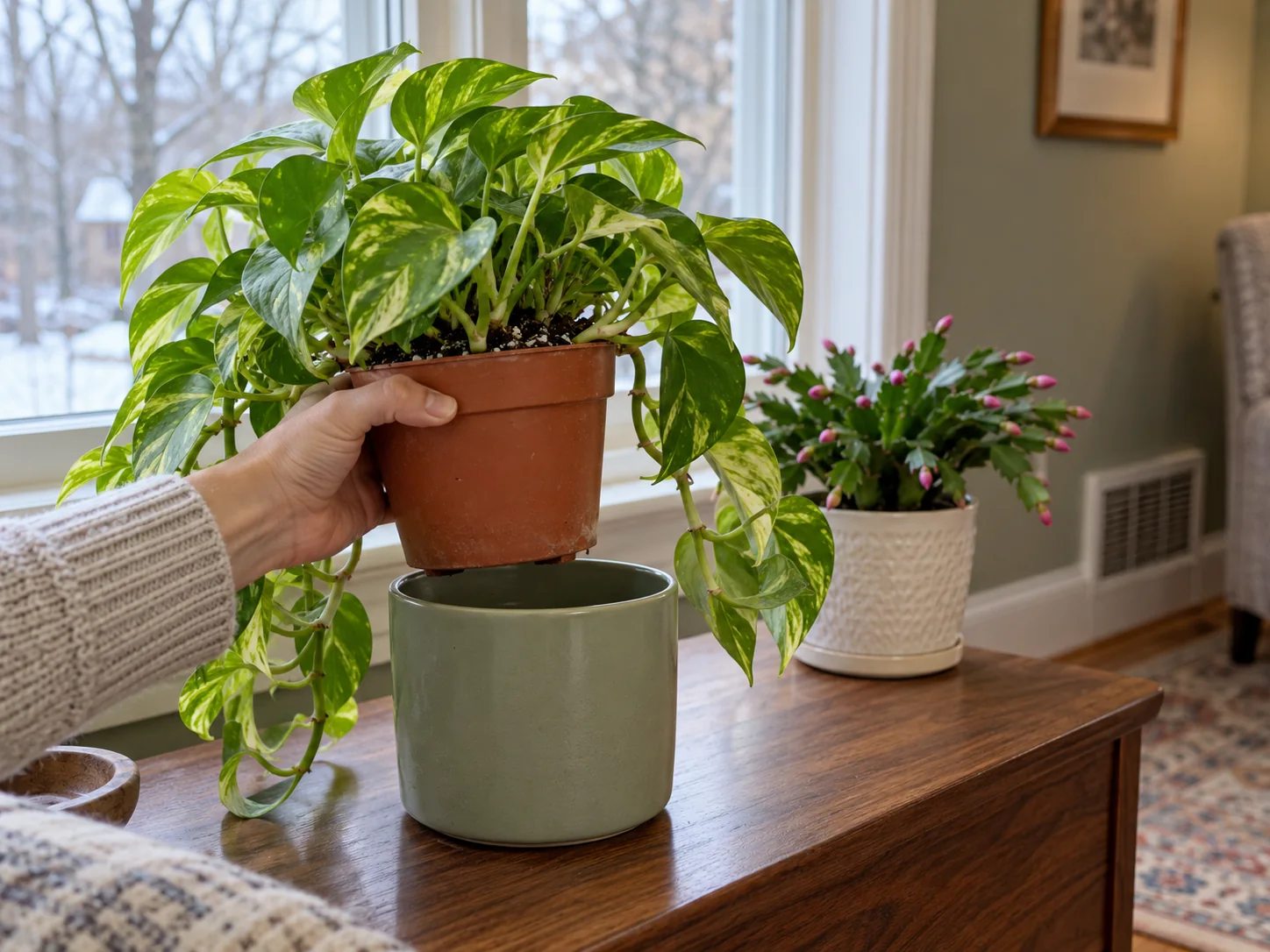 A hand lifts a pothos nursery pot above its empty ceramic cover, with a pink-budded holiday cactus beside a closed winter window.