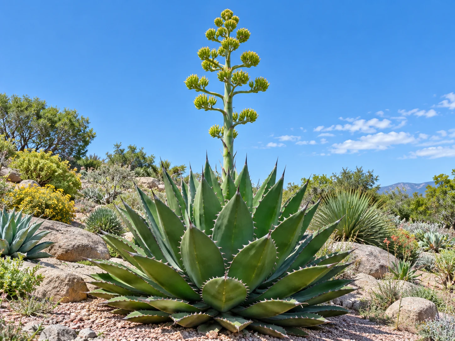 An agave rosette with a tall branched flower stalk in a rocky planted setting
