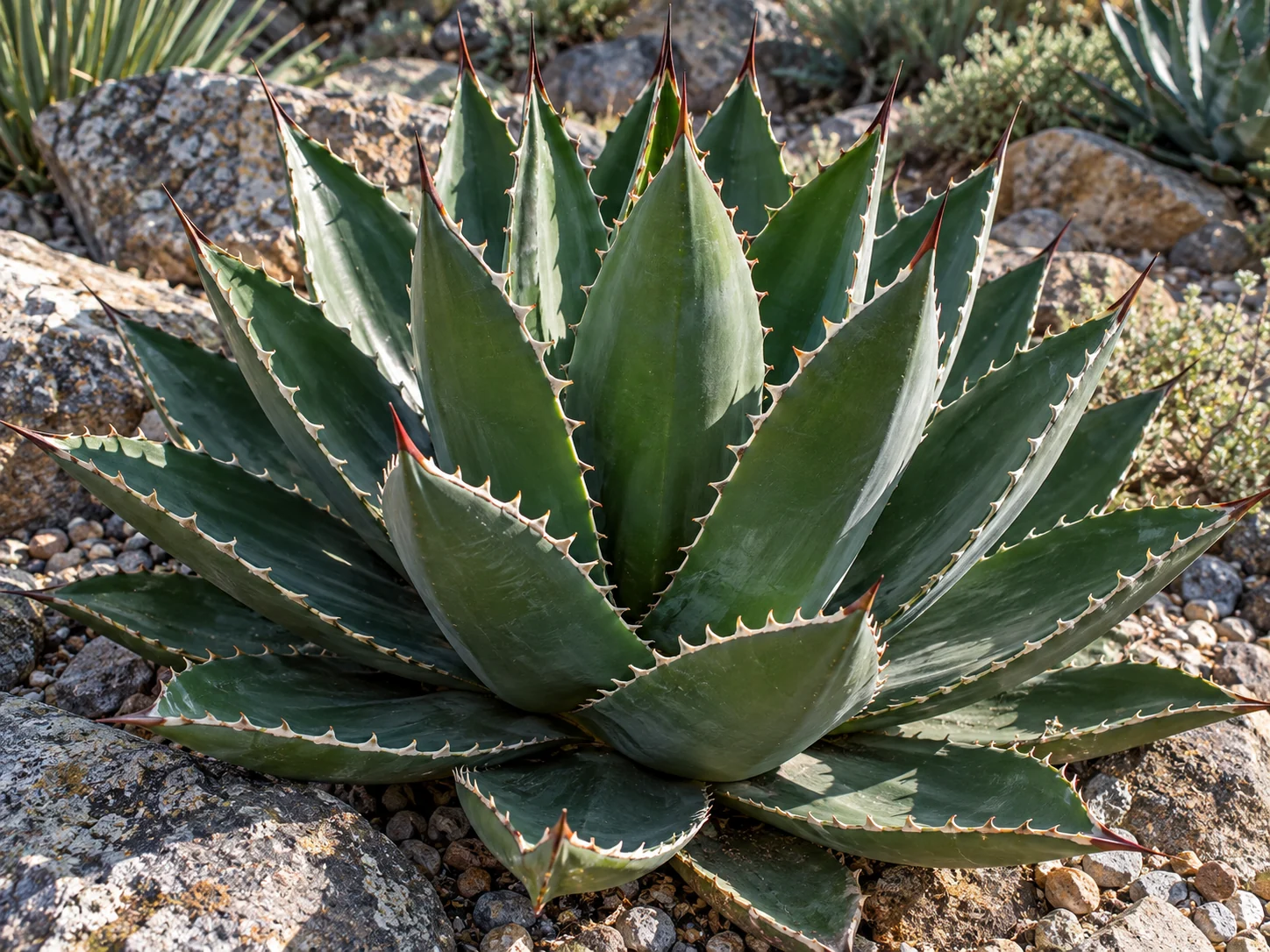 Broad green agave leaves with toothed pale margins and sharp terminal spines