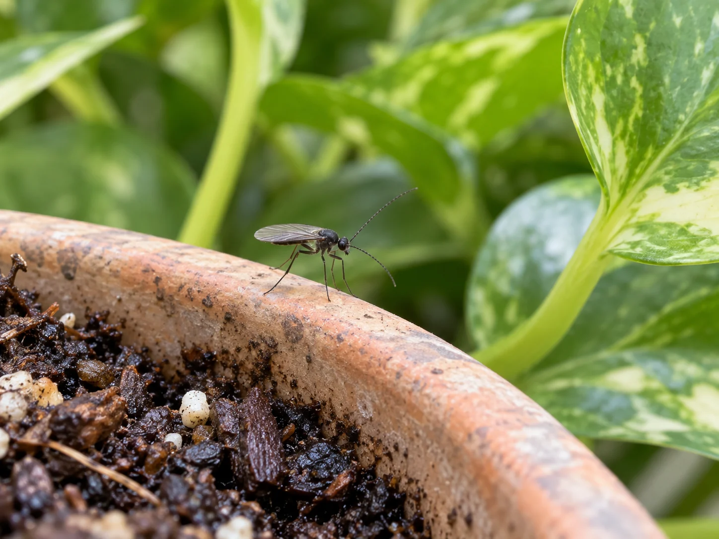 A small dark fungus gnat on the rim of a houseplant pot above moist potting mix