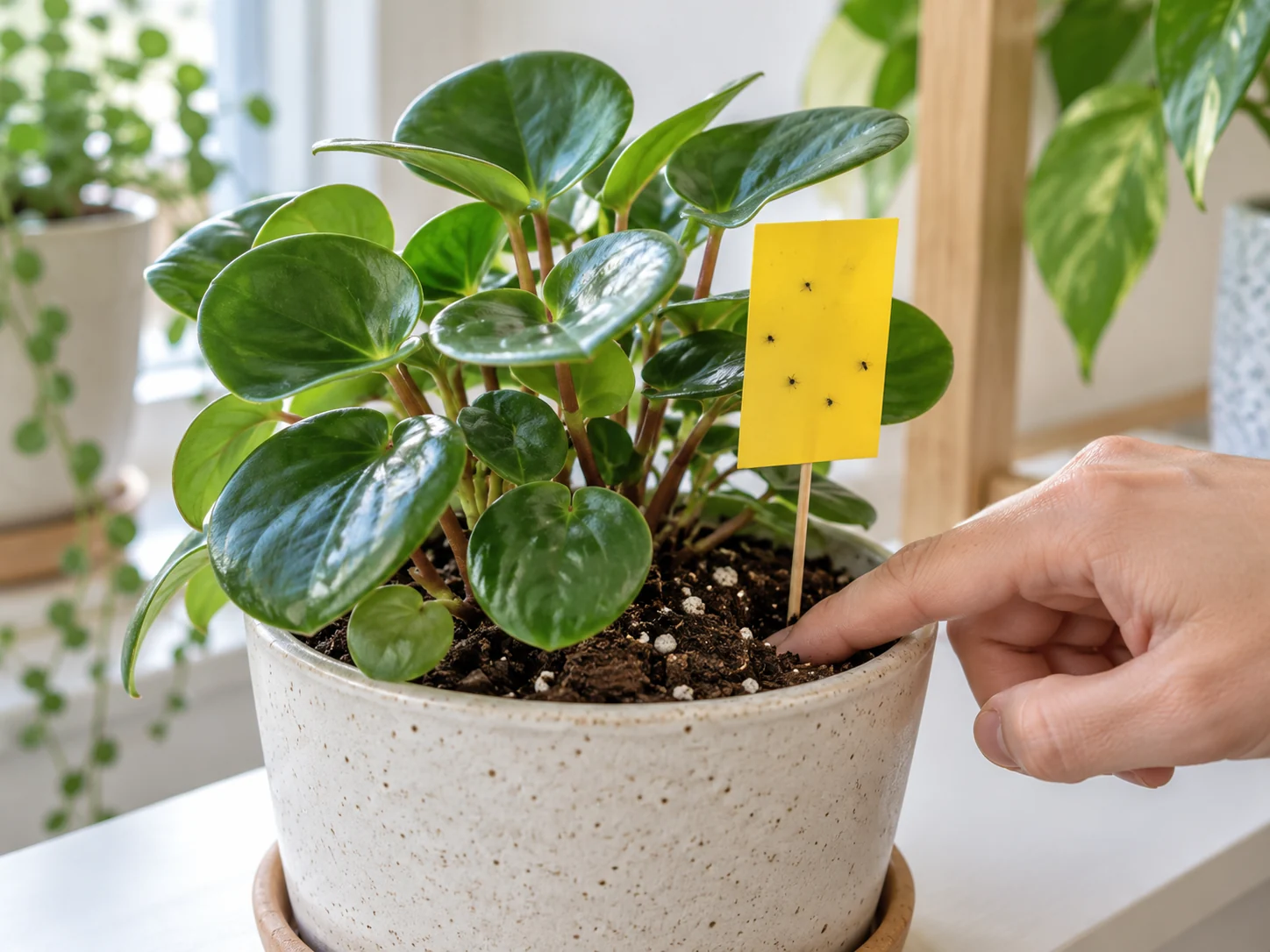A yellow sticky monitoring card beside a peperomia while the potting mix is checked