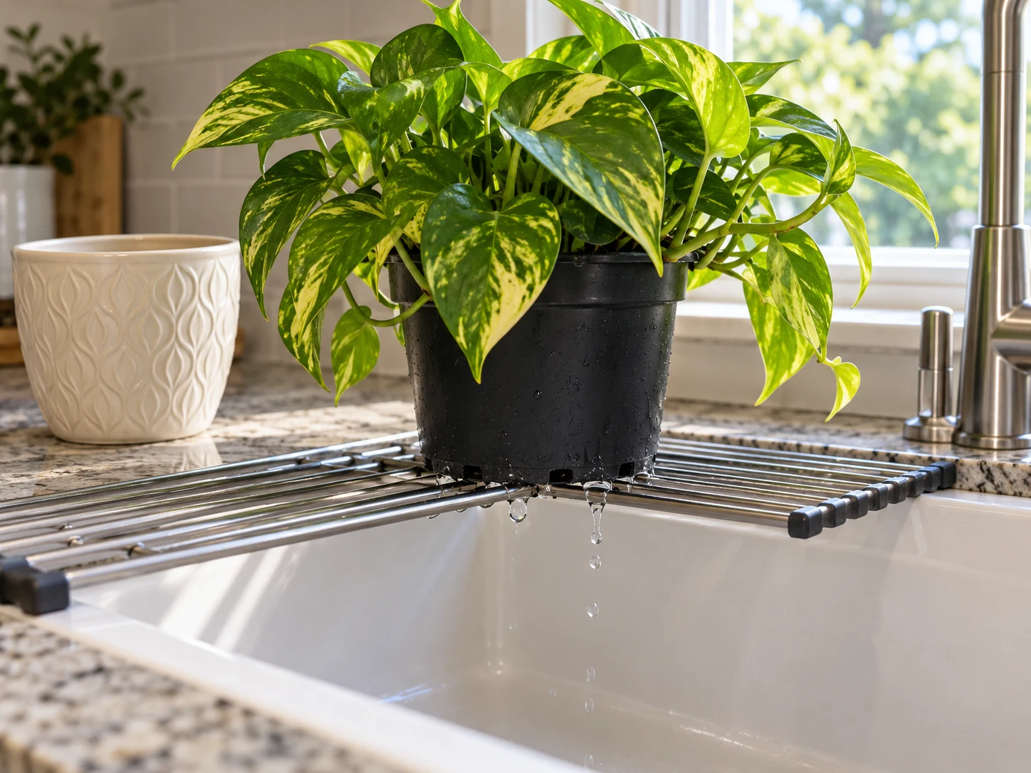 A pothos nursery pot draining over a sink, with its empty decorative outer pot beside it