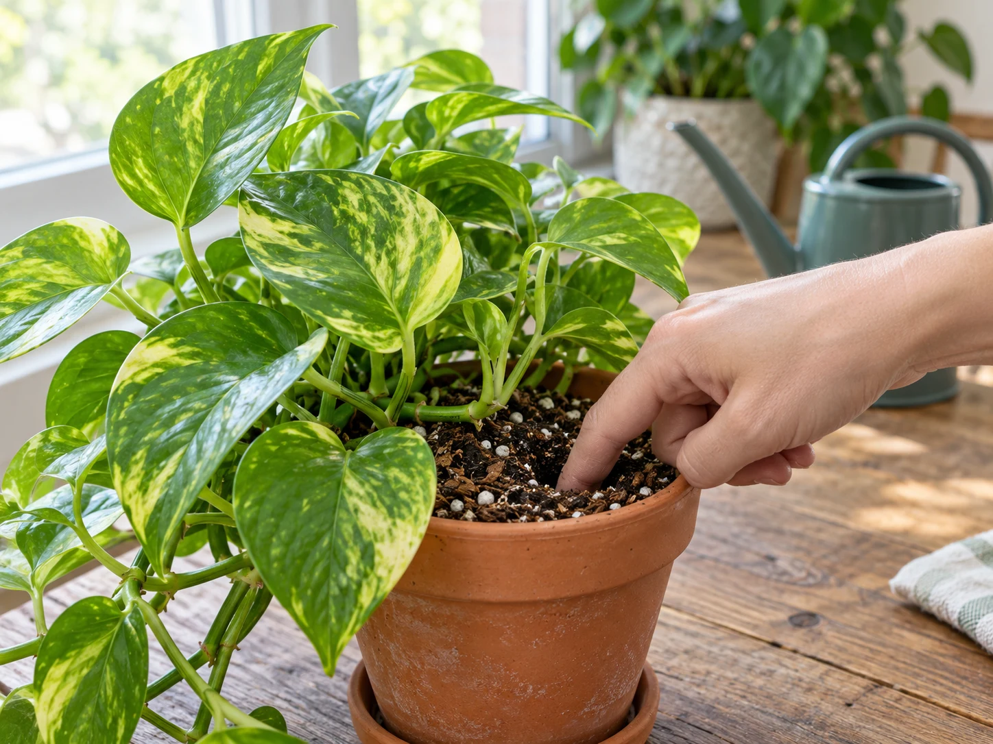 Checking the potting mix with a finger beside a golden pothos in a terracotta pot