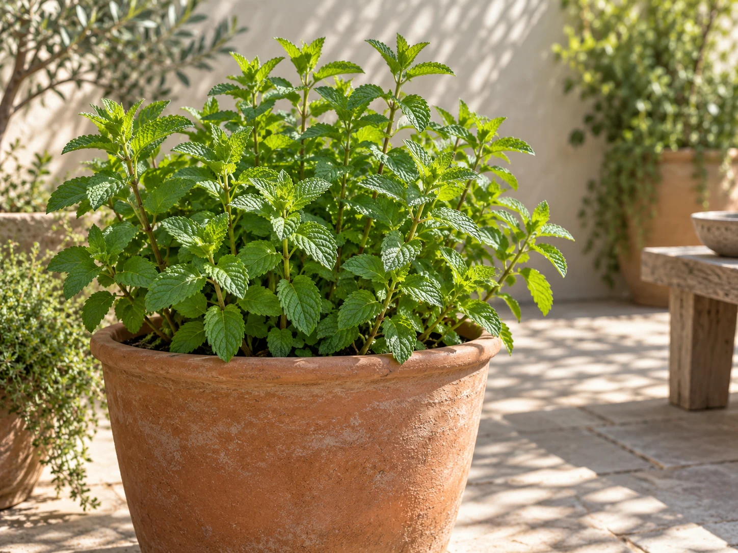 Healthy spearmint growing in a terracotta pot on a bright patio