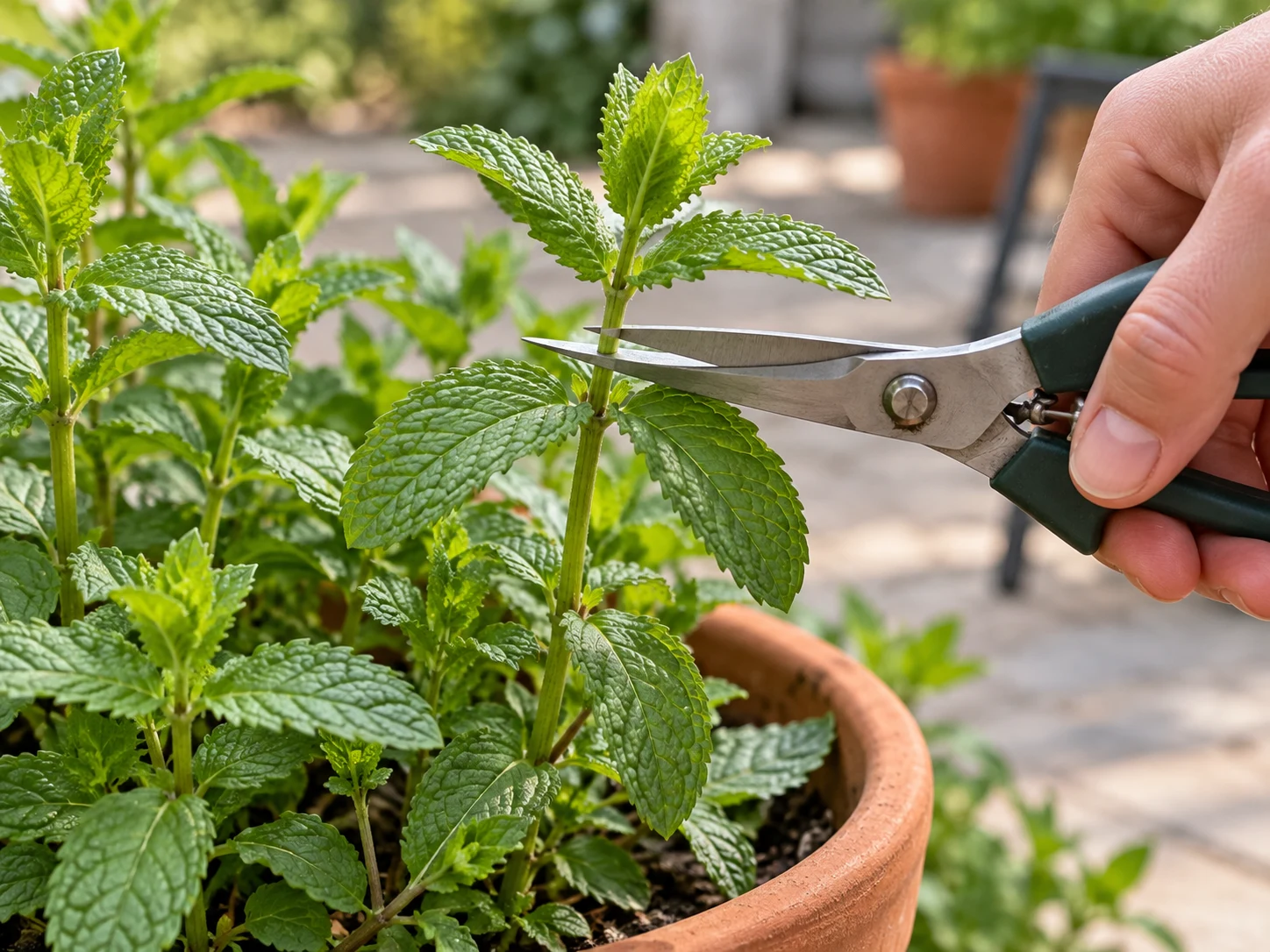 Scissors cutting a mint shoot above a pair of leaves