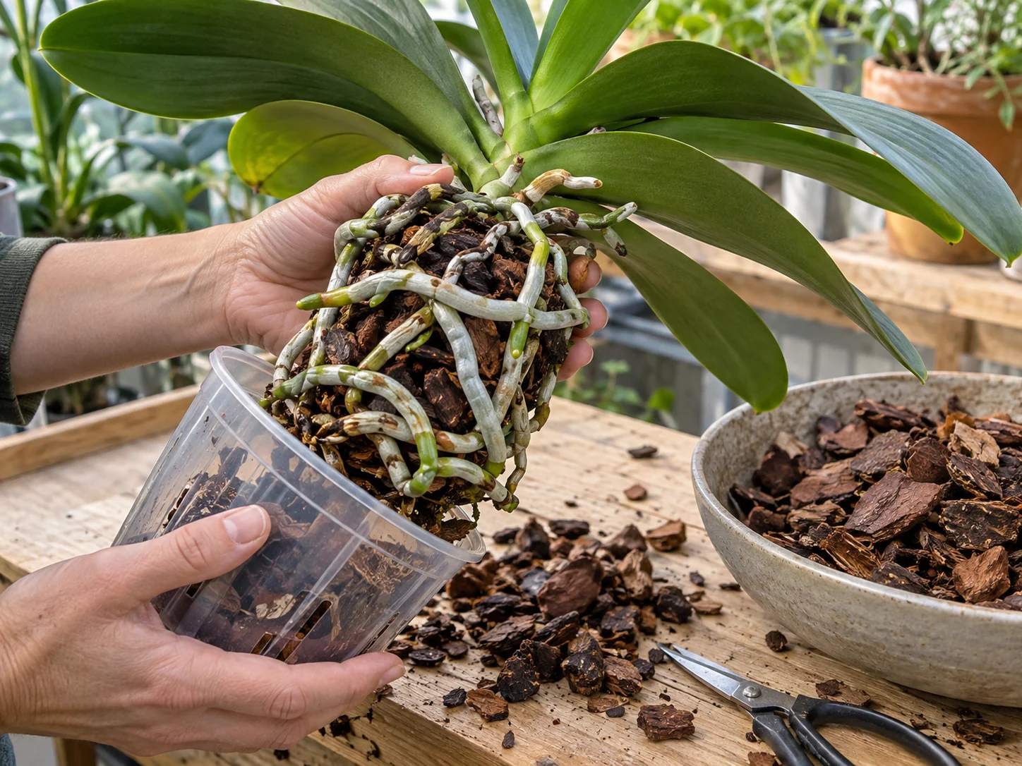 A Phalaenopsis orchid lifted from a clear pot with thick roots and bark visible