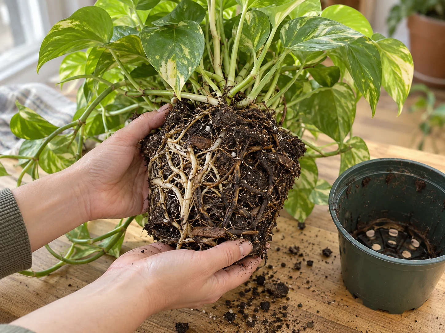 A pothos root ball with pale and brown roots exposed beside an empty nursery pot