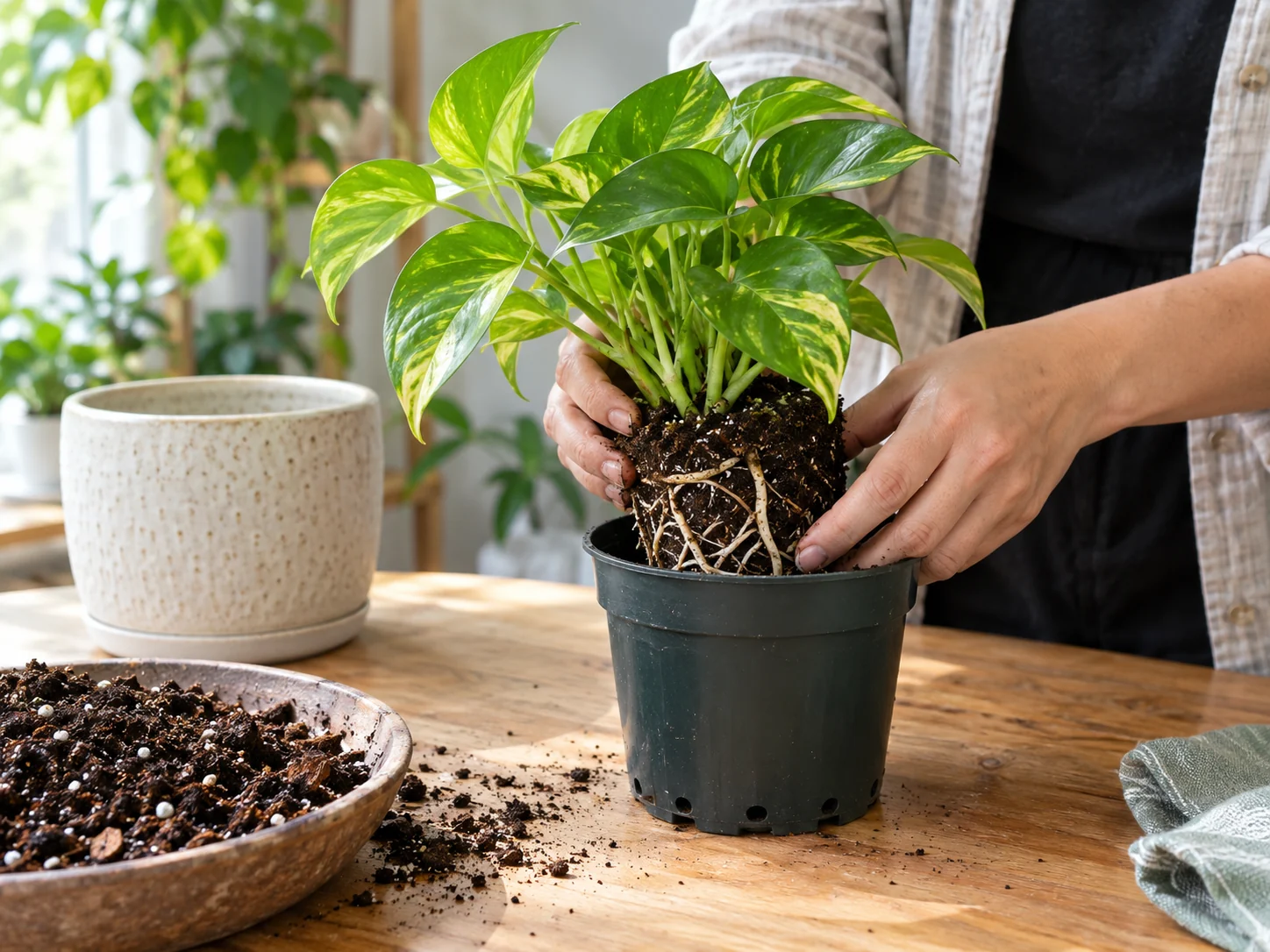 A small pothos being positioned in a nursery pot with fresh potting mix