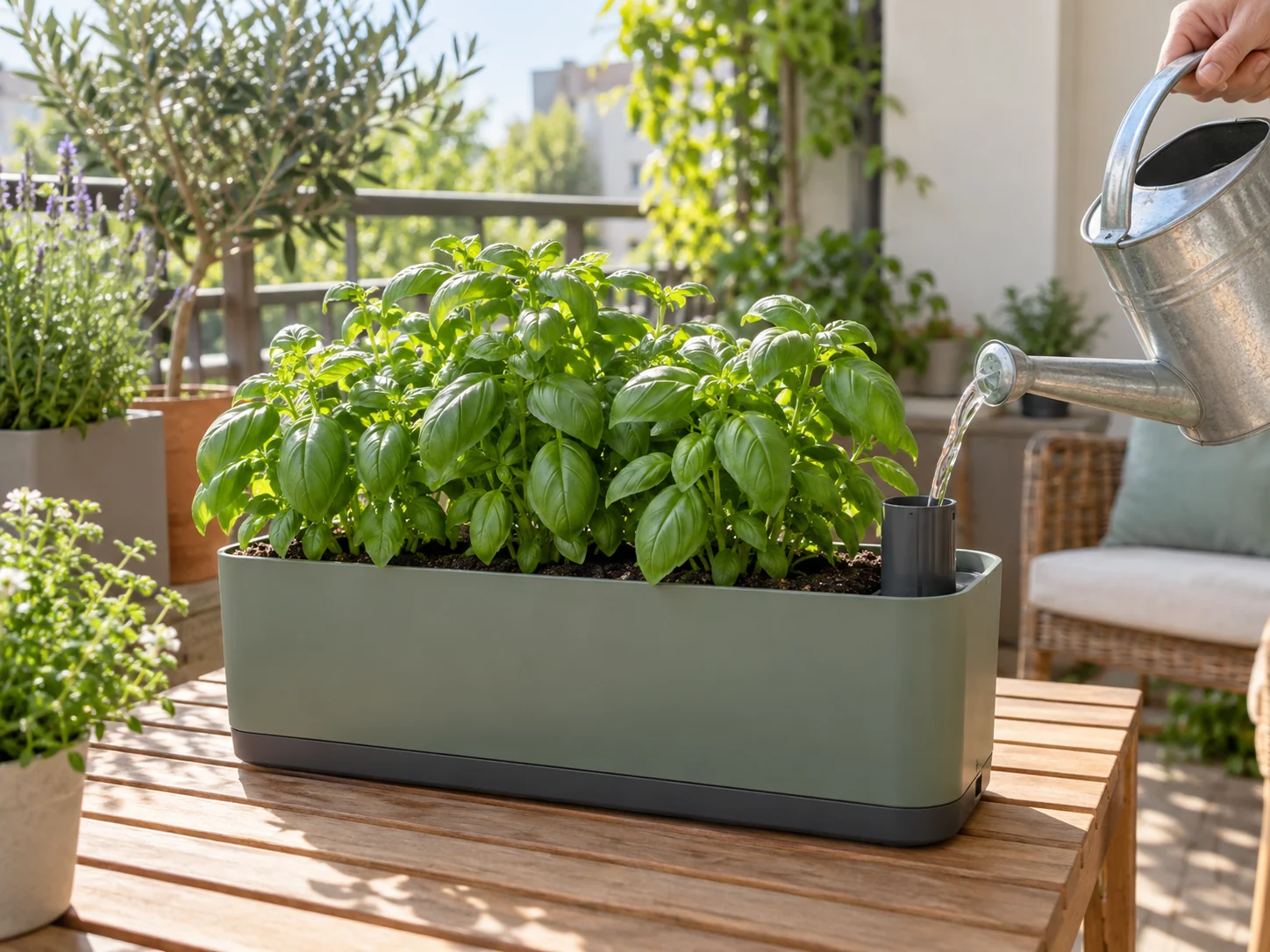 Water being poured into a fill tube beside basil in a reservoir planter