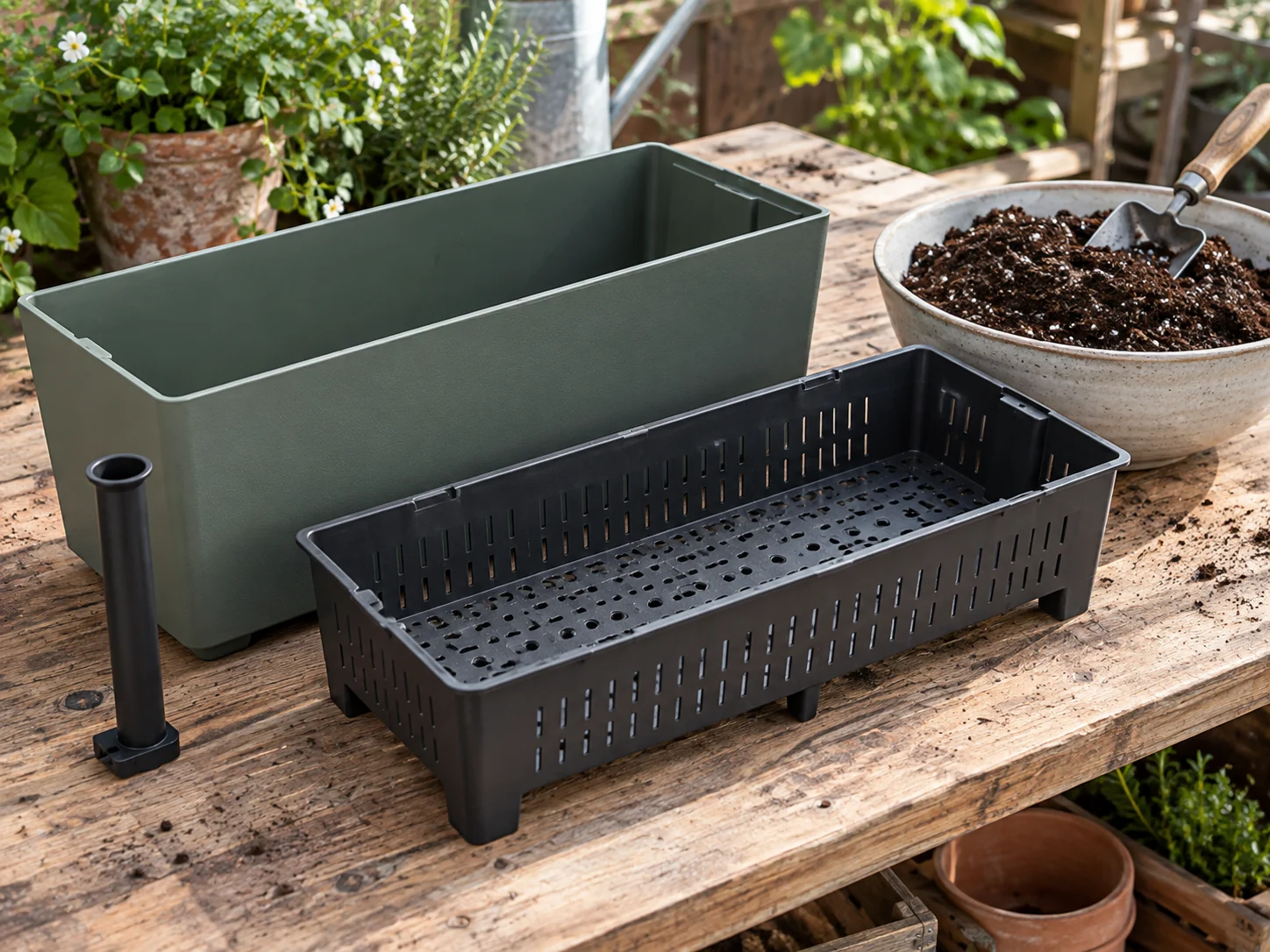 An empty reservoir planter with its perforated planting insert and fill tube set beside it