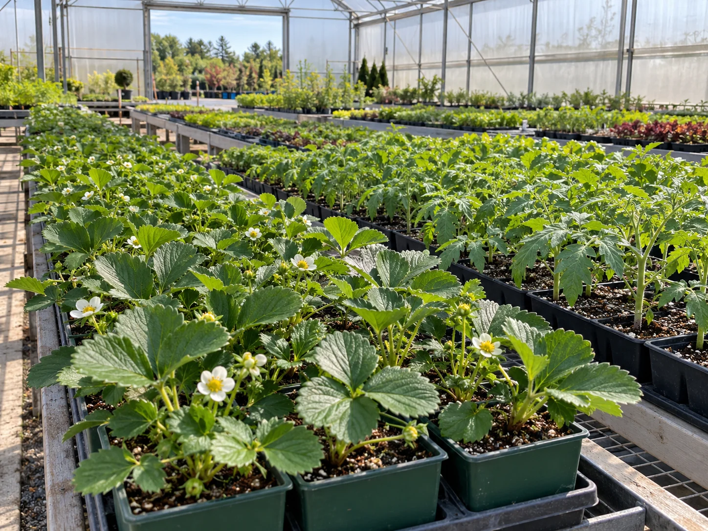 Strawberry starter plants and young tomato plants on propagation benches in a greenhouse nursery