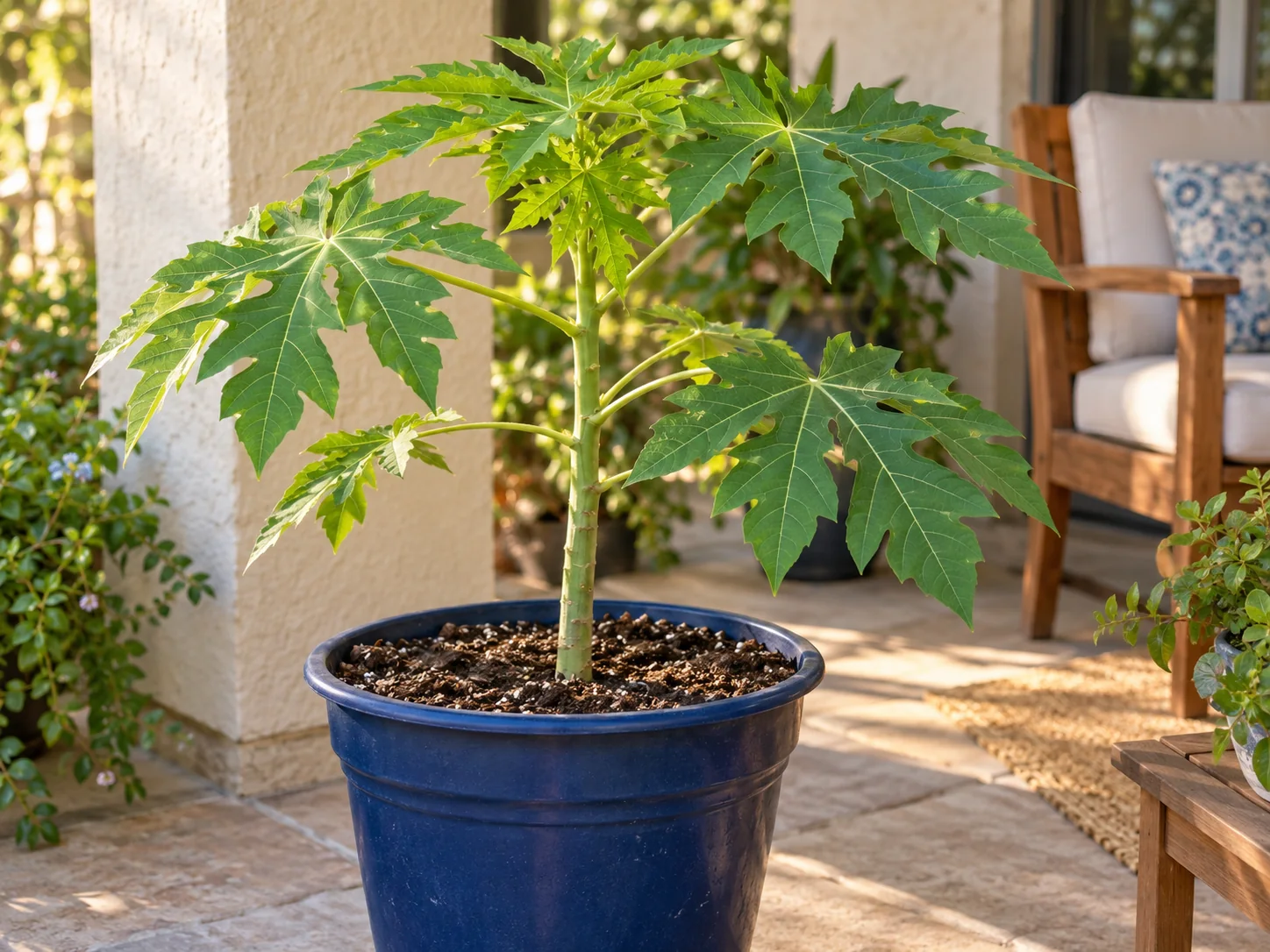 A young papaya with deeply lobed leaves growing in a blue container on a sheltered patio