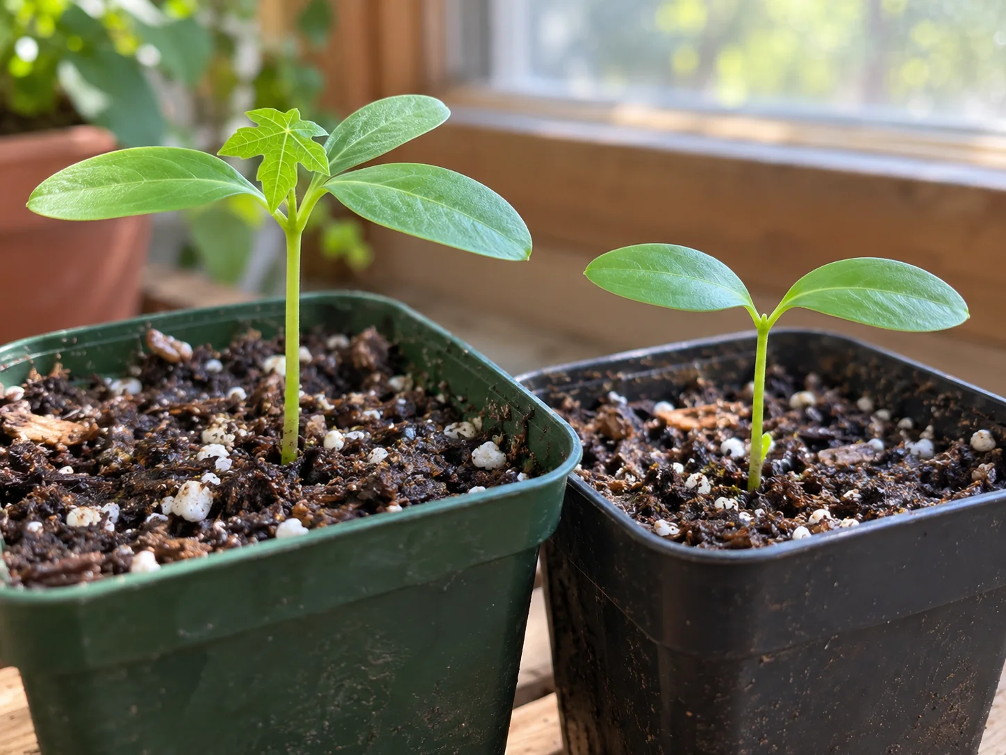 Young papaya seedlings at different stages of leaf development in separate pots of airy seed-starting mix