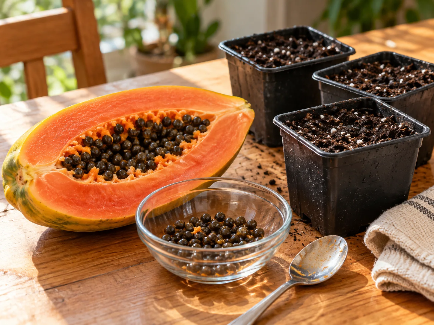 A ripe papaya half, black seeds in a glass bowl, and individual pots of seed-starting mix on a wooden table