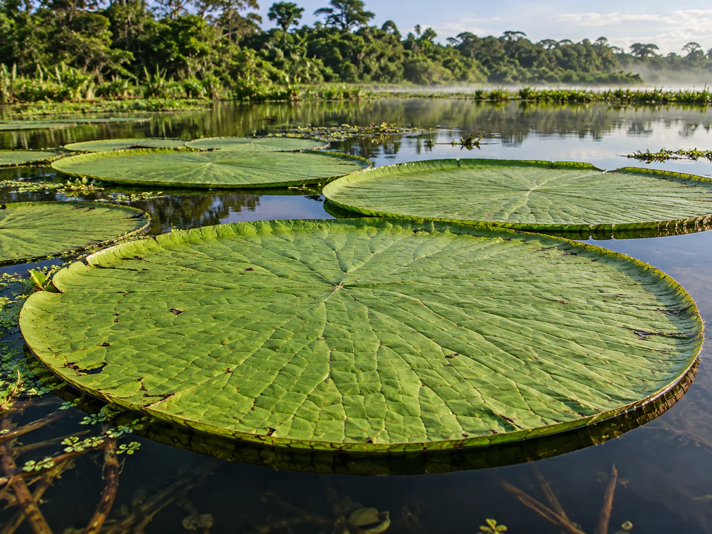 Botanical illustration of giant floating waterlily leaves representing Victoria colombiana; not a photograph of the newly described wild plants